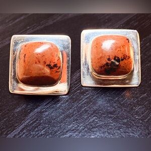 Vintage Sterling Silver Mahogany Obsidian Square Button Pierced Earrings